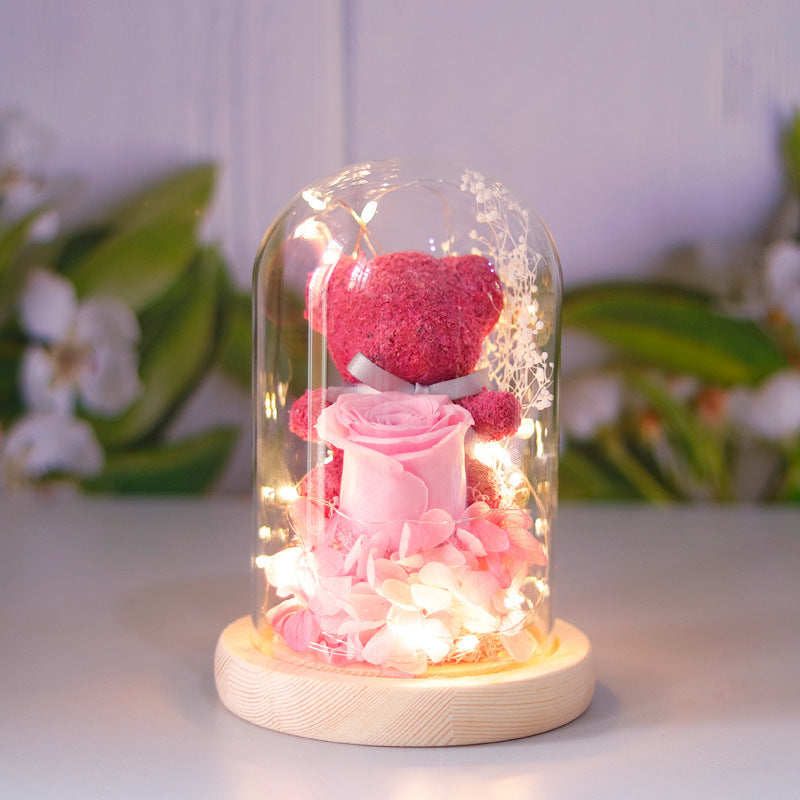 Forever Rose with LED Lights – Luxury Gift Box & Teddy Bear for Her