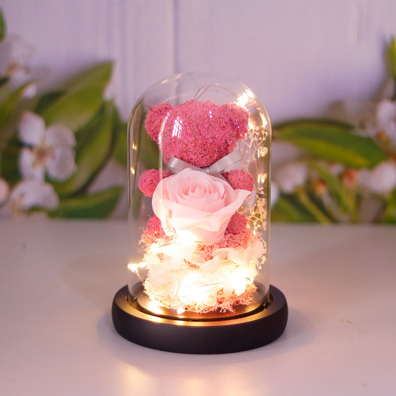 Forever Rose with LED Lights – Luxury Gift Box & Teddy Bear for Her