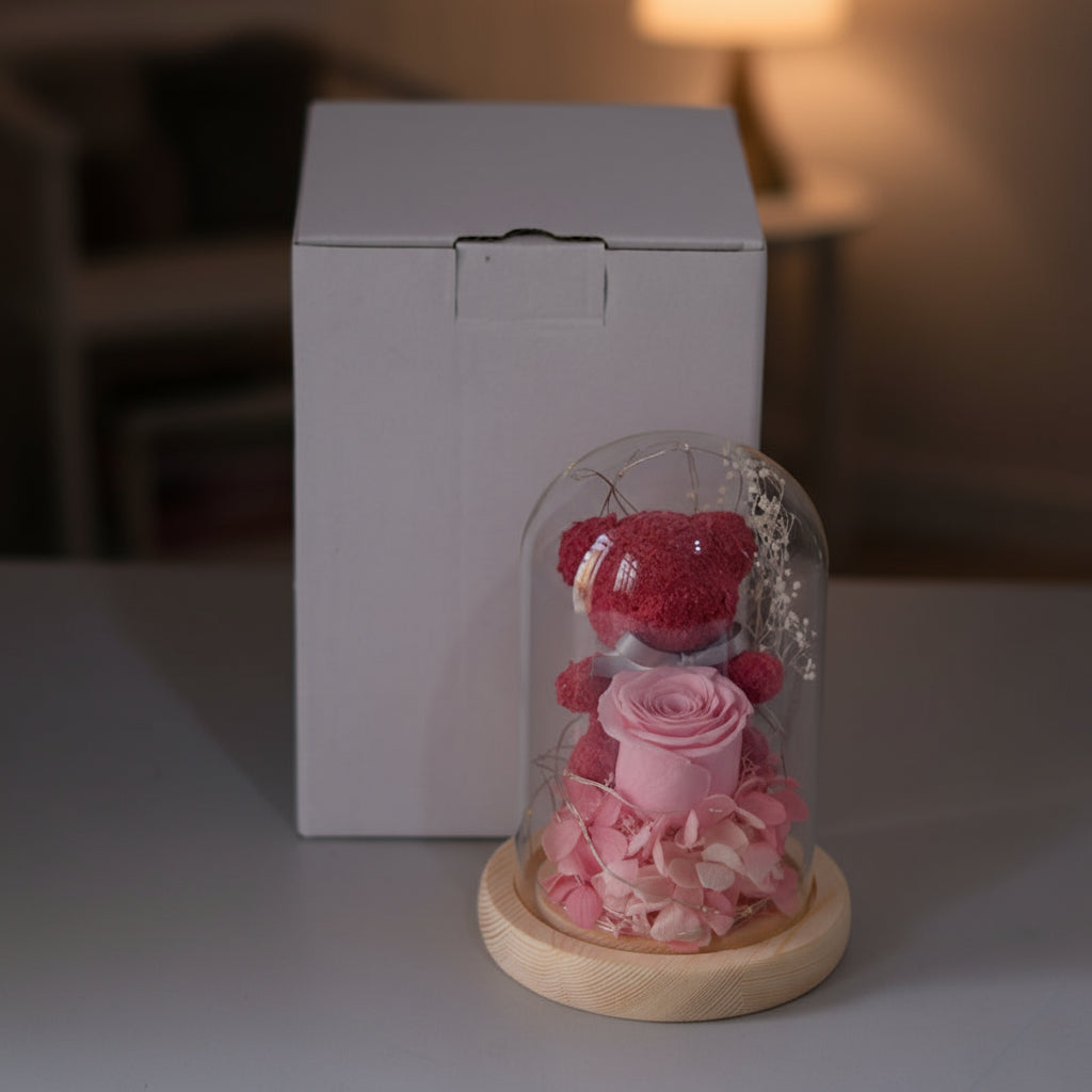 Forever Rose with LED Lights – Luxury Gift Box & Teddy Bear for Her
