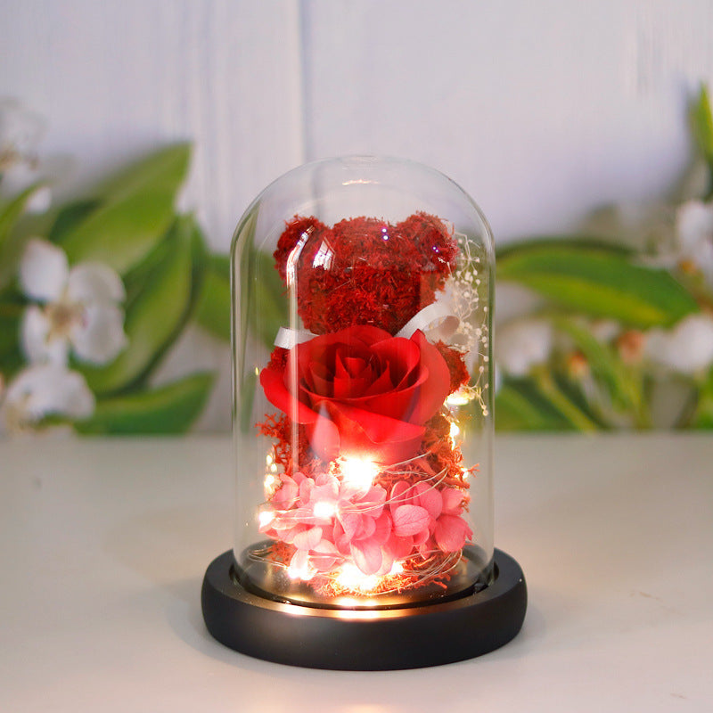 Forever Rose with LED Lights – Luxury Gift Box & Teddy Bear for Her