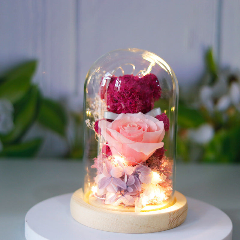 Forever Rose with LED Lights – Luxury Gift Box & Teddy Bear for Her