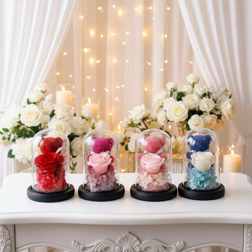 Forever Rose with LED Lights – Luxury Gift Box & Teddy Bear for Her