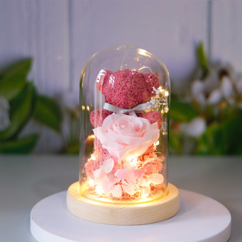 Forever Rose with LED Lights – Luxury Gift Box & Teddy Bear for Her